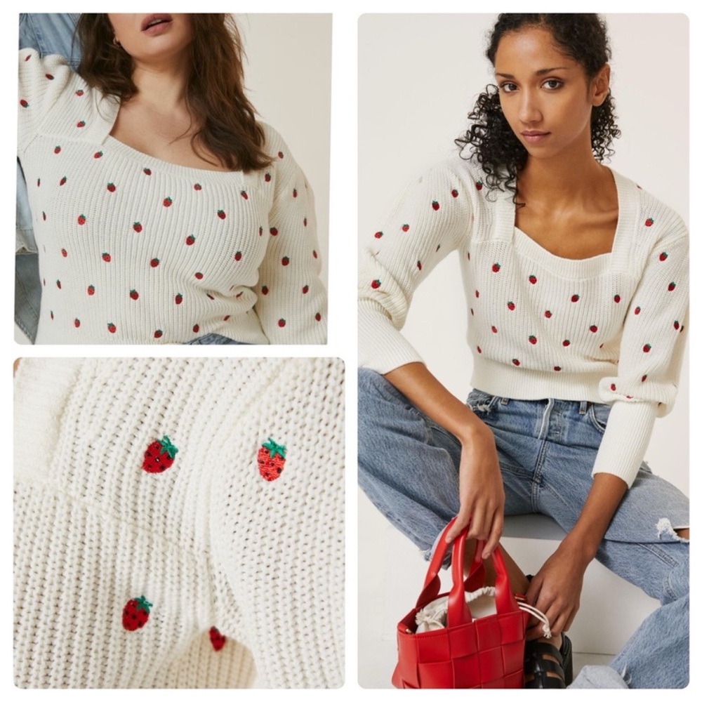Maeve Cream Strawberry-Embroidered Square-Neck Sweater